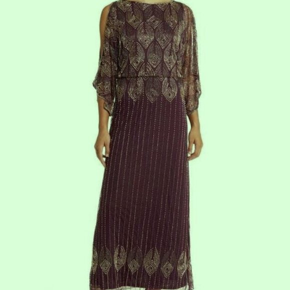 Pisarro Nights Wine Dark Purple Beaded Cold Shoulder Blouson Dress - Picture 1 of 5